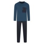 Pyjama long Eminence en coton : tee-shirt col rond manches longues bleu canard et pantalon bleu marine