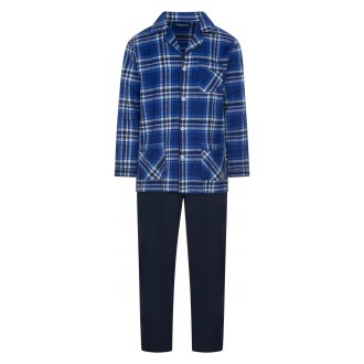 Pyjama long Mariner en coton avec manches longues et col cubain bleu tartan