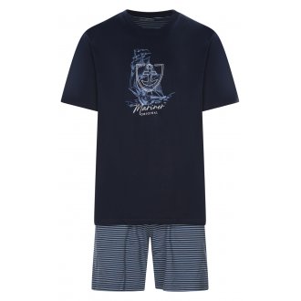 Pyjama court Mariner en coton biologique avec manches courtes et col rond marine à rayures