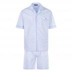Pyjama court Guasch en coton : chemise et short bleu ciel à micro motifs bleu clair et rouges