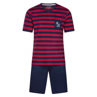 Pyjama court Athena en coton : tee-shirt col V à rayures bleu marine et rouges et short bleu marine