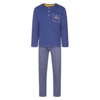 Pyjama long Christian Cane Iliodes en coton : tee-shirt manches longues bleu indigo et pantalon à rayures