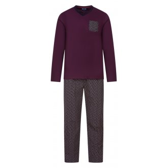 Pyjama long Eden Park en coton : tee-shirt col V manches longues rouge brodeaux et pantalon à motifs