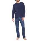 Pyjama long polaire Arthur : tee-shirt manches longues col rond bleu indigo et pantalon bleu marine à carreaux