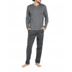 Pyjama long Arthur en coton : tee-shirt manches longues col V gris et pantalon à carreaux gris et noirs