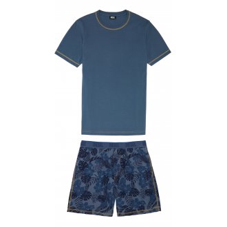 Pyjama court Diesel en coton bleu : tee-shirt manches courtes col rond bleu et short à motifs fleurs et feuilles all-over