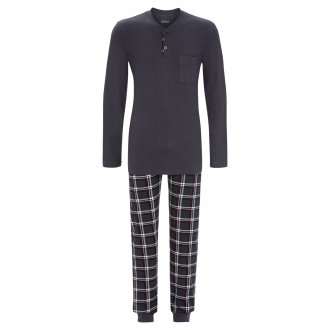 Pyjama long Ringella en coton : tee-shirt manches longues et col tunisien anthracite et pantalon à carreaux