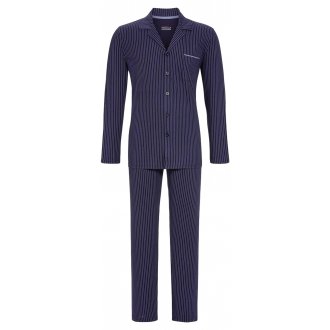 Pyjama long coupe ouverte Ringella en coton : tee-shirt manches longues à col revers bleu marine à rayures