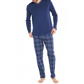 Pyjama Long Arthur coton régular avec manches longues et col v marine vichy