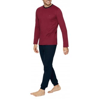 Pyjama long Eden Park en coton à tee-shirt bordeaux à coupe droite, col rond et pantalon style jogging