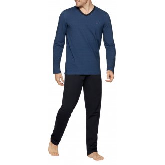 Pyjama long Eden Park en coton noir et bleu denim uni à coupe droite, col V et taille élastiquée