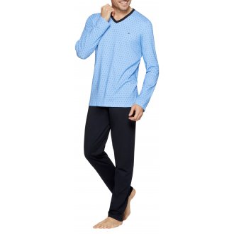 Pyjama long Eden Park en coton noir et bleu ciel uni à coupe droite, col V et taille élastiquée