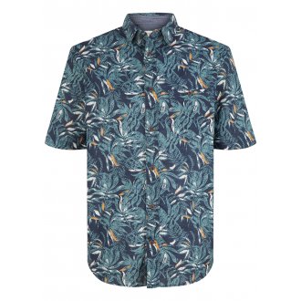Chemise Tom Tailor en coton avec manches courtes et col italien bleu marine imprimé feuille