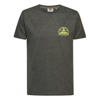 T-shirt Petrol Industries gris chiné à imprimé vert fluo au dos, à col rond et manches courtes
