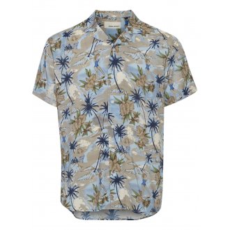 Chemise droite Blend en coton bleu à motif tropical, col cubain et manches courtes