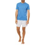 Pyjama court Arthur en coton : tee-shirt bleu à col rond et short rose à rayures bleues et blanches