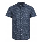 Chemise manches courtes avec un col italien et une coupe slim Jack & Jones Premium en coton et lin mélangé bleu marine imprimé floral