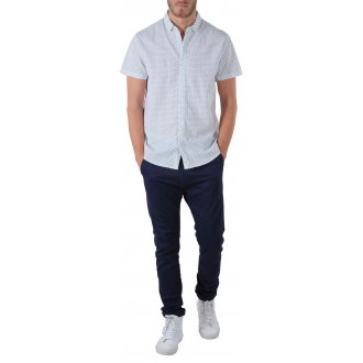 Chemise manches courtes avec une coupe droite et un col français Deeluxe en coton blanc imprimé palmiers bleu marine