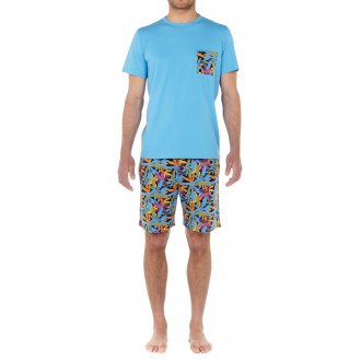 Pyjama court Hom en coton avec manches courtes et col rond bleu imprimé tropical
