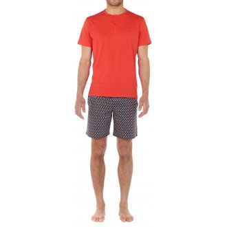 Pyjama court Hom en coton avec manches courtes et col tunisien rouge imprimé géométrique