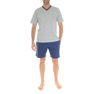 Pyjama court Christian Cane en coton avec manches courtes et col v bleu marine imprimé abstrait