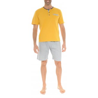 Pyjama court Christian Cane en coton avec manches courtes et col tunisien jaune imprimé abstrait