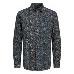Chemise Premium en coton avec manches longues et col italien bleu marine fleurie