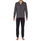 Pyjama long coupe ouverte à col cubain Hom en coton noir imprimé fleurs géométriques blanches