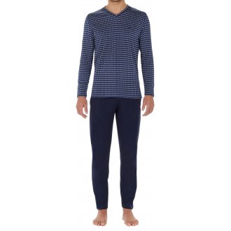Pyjama long à col v Hom en coton bleu imprimé géométrique blanc
