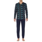 Pyjama long à col v Hom en coton marine imprimé montagne