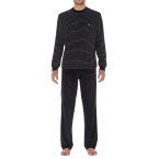 Pyjama long à col rond Hom en coton mélangé noir à rayures