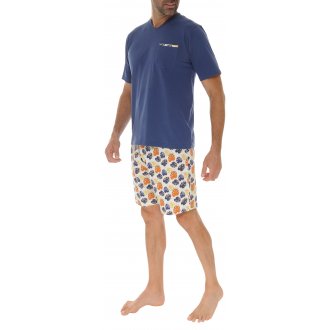 Pyjama court avec manches courtes et col v Christian Cane en coton bleu marine