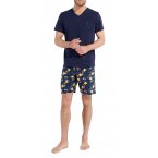 Pyjama Court Hom coton avec manches courtes et col v marine