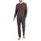 Pyjama long Hom en coton avec manches longues et col v anthracite imprimé géométrique