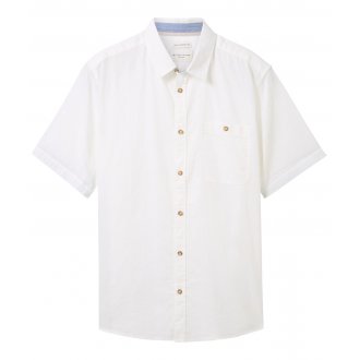 Chemise Tom Tailor coton et lin mélangé avec manches courtes et col français blanche