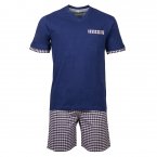 Pyjama court Christian Cane Weslay en coton : tee-shirt col V bleu marine et short à carreaux blancs, rouges et bleu marine