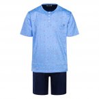 Pyjama court Mariner en coton : tee-shirt col boutonné bleu ciel à motifs multicolores et short bleu nuit