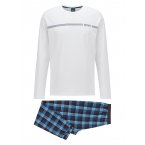 Pyjama long Hugo Boss en coton : tee-shirt col rond blanc et pantalon à carreaux bleus