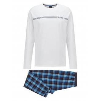 Pyjama long Hugo Boss en coton : tee-shirt col rond blanc et pantalon à carreaux bleus
