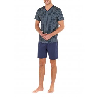 Pyjama court Hom en coton : tee-shirt col V bleu marine à motifs all-over et short bleu marine