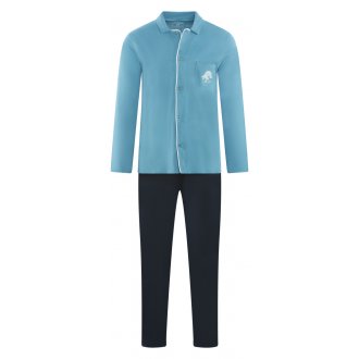 Pyjama long Athena en coton biologique : chemise manches longues bleue et pantalon bleu marine