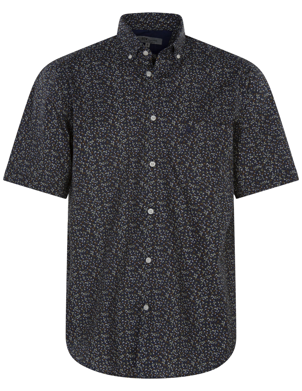 chemise bande originale en coton avec manches courtes et col américain bleu marine fleurie