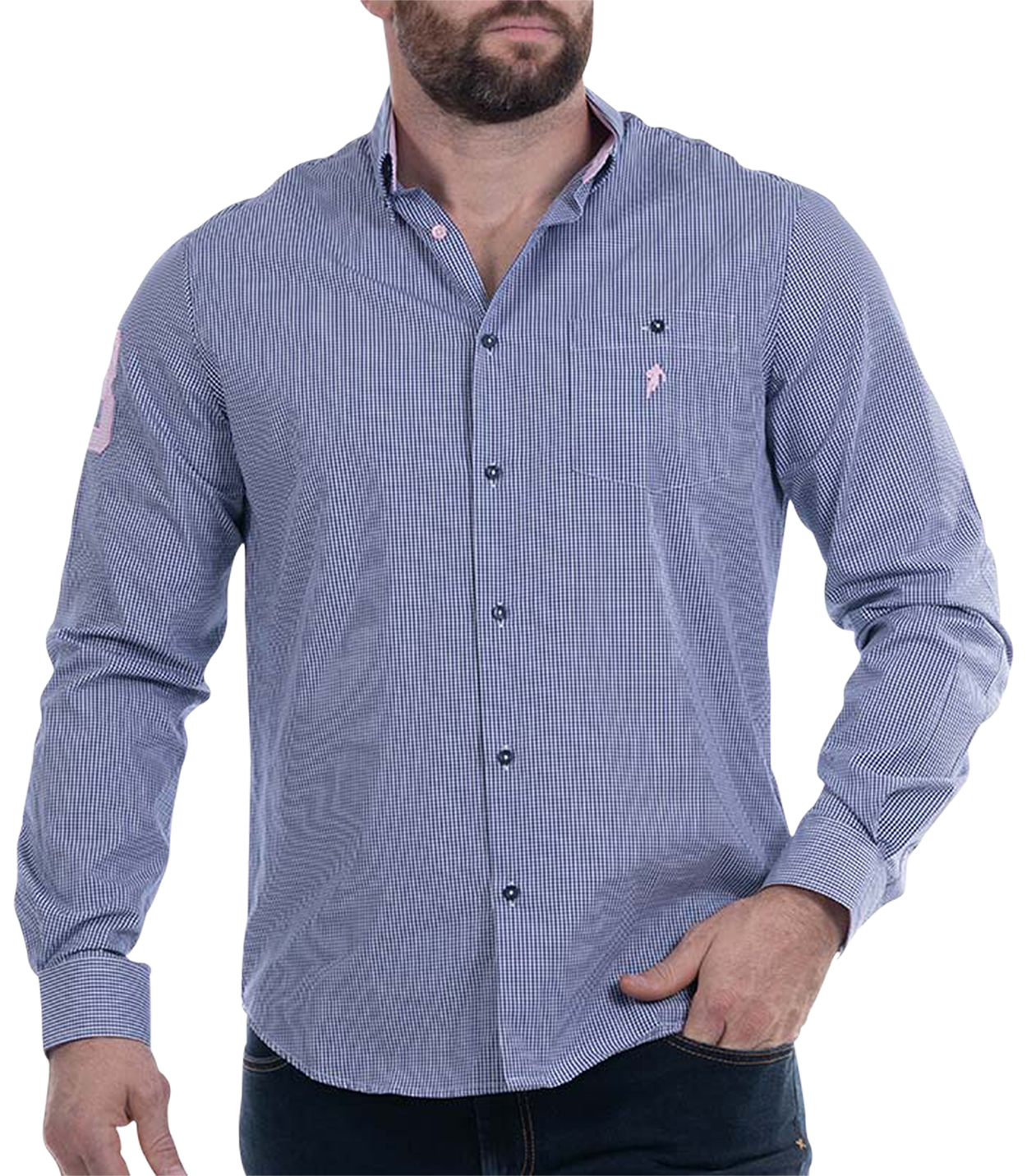 chemise ruckfield coton avec manches longues et col américain bleu marine vichy