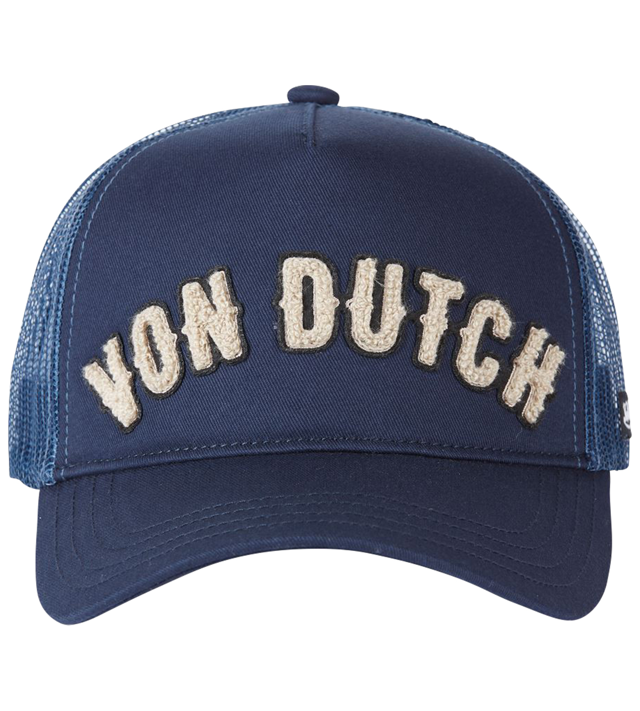 casquette von dutch bleu marine bi-matière avec nom de la marque brodé en relief beige à l'avant