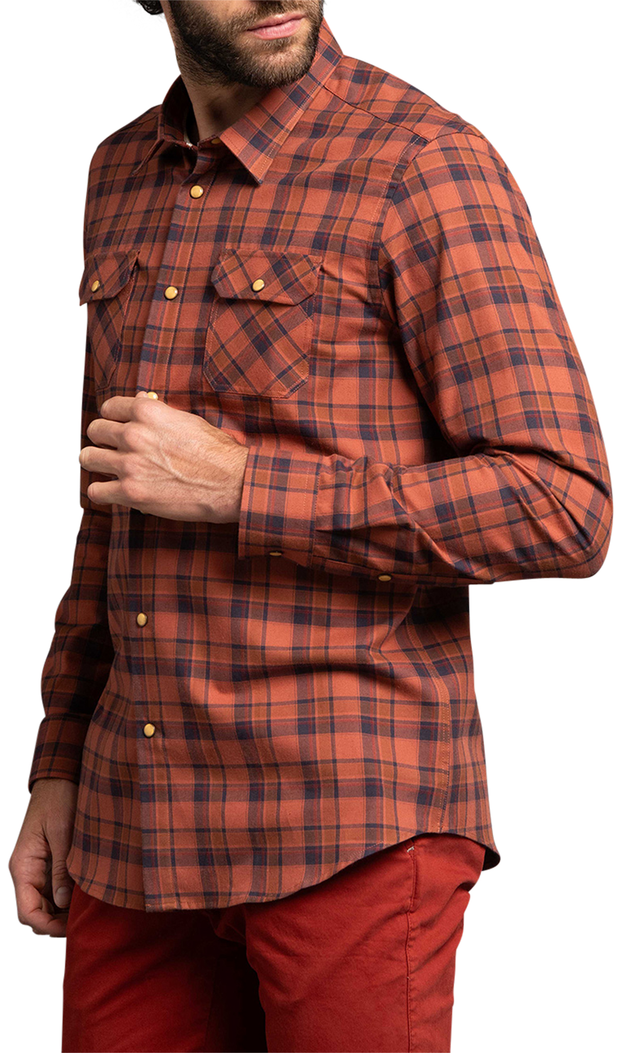 chemise ajustée avec col français delahaye en coton brique imprimé tartan