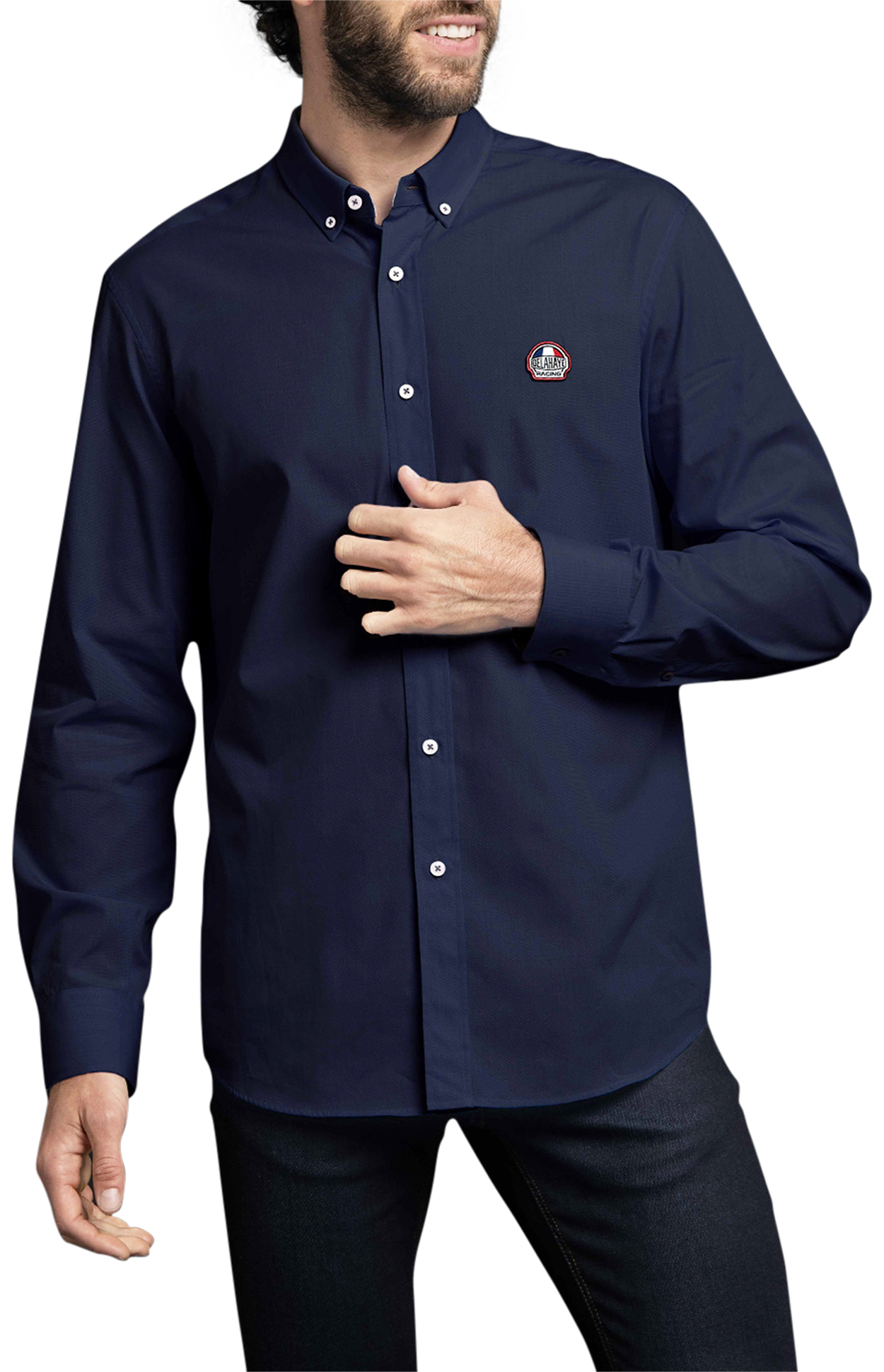 chemise ajustée delahaye avec manches longues et col américain bleu marine