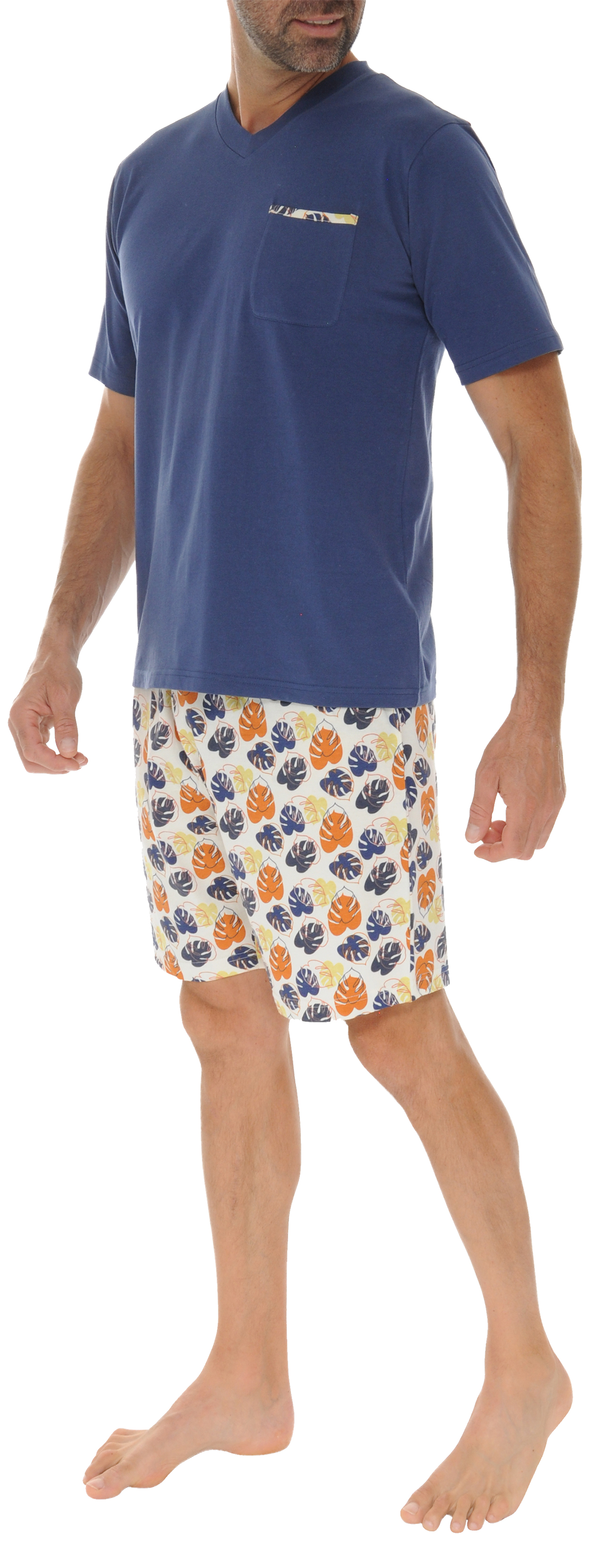 pyjama court avec manches courtes et col v christian cane en coton bleu marine