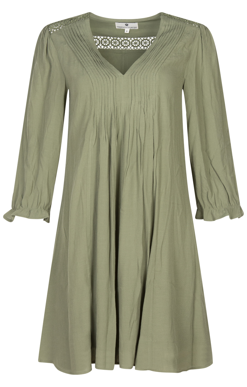 robe courte femme freeman juna plain color avec manche 3/4 et col v kaki