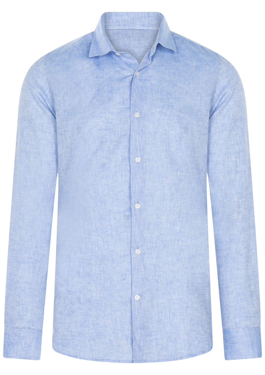 chemise coupe ajustée et col français bande originale en lin et coton bleu chiné