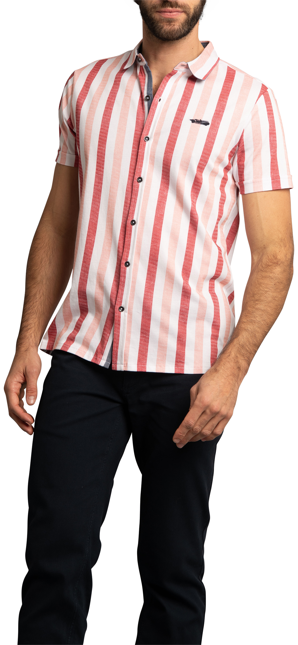 Chemise Delahaye coton avec manches courtes et col boutonné rose rayée